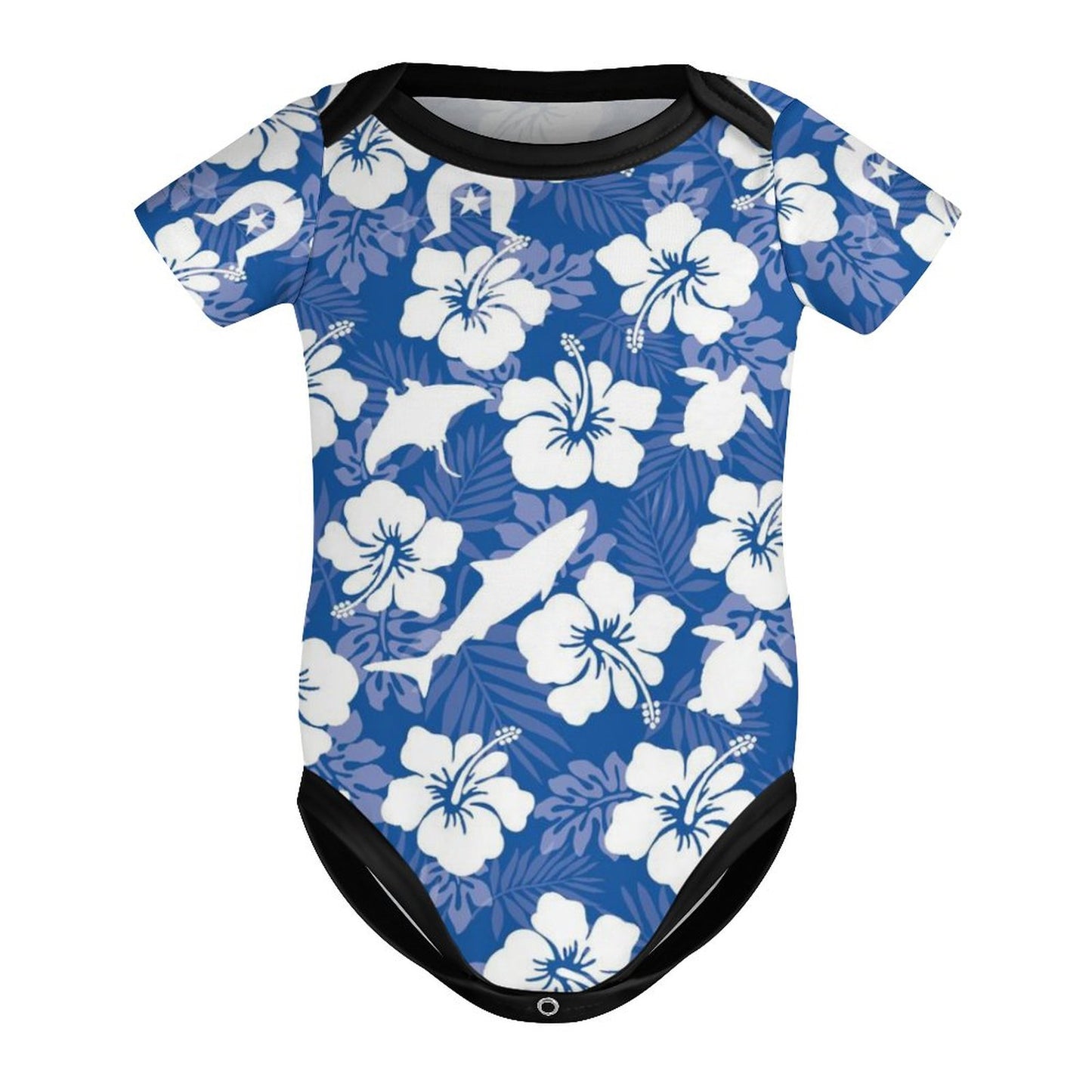 White hibiscus flowers with Dhari, Shark, turtle, and stingray on Faux Cotton Short Sleeve Baby Romper
