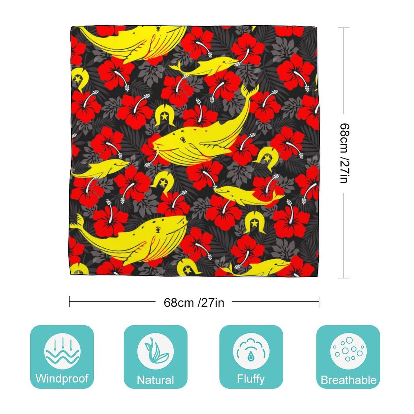 Royal Red Hibiscus with Yellow Dhari, Whale and Dolphin on Women's Scarf