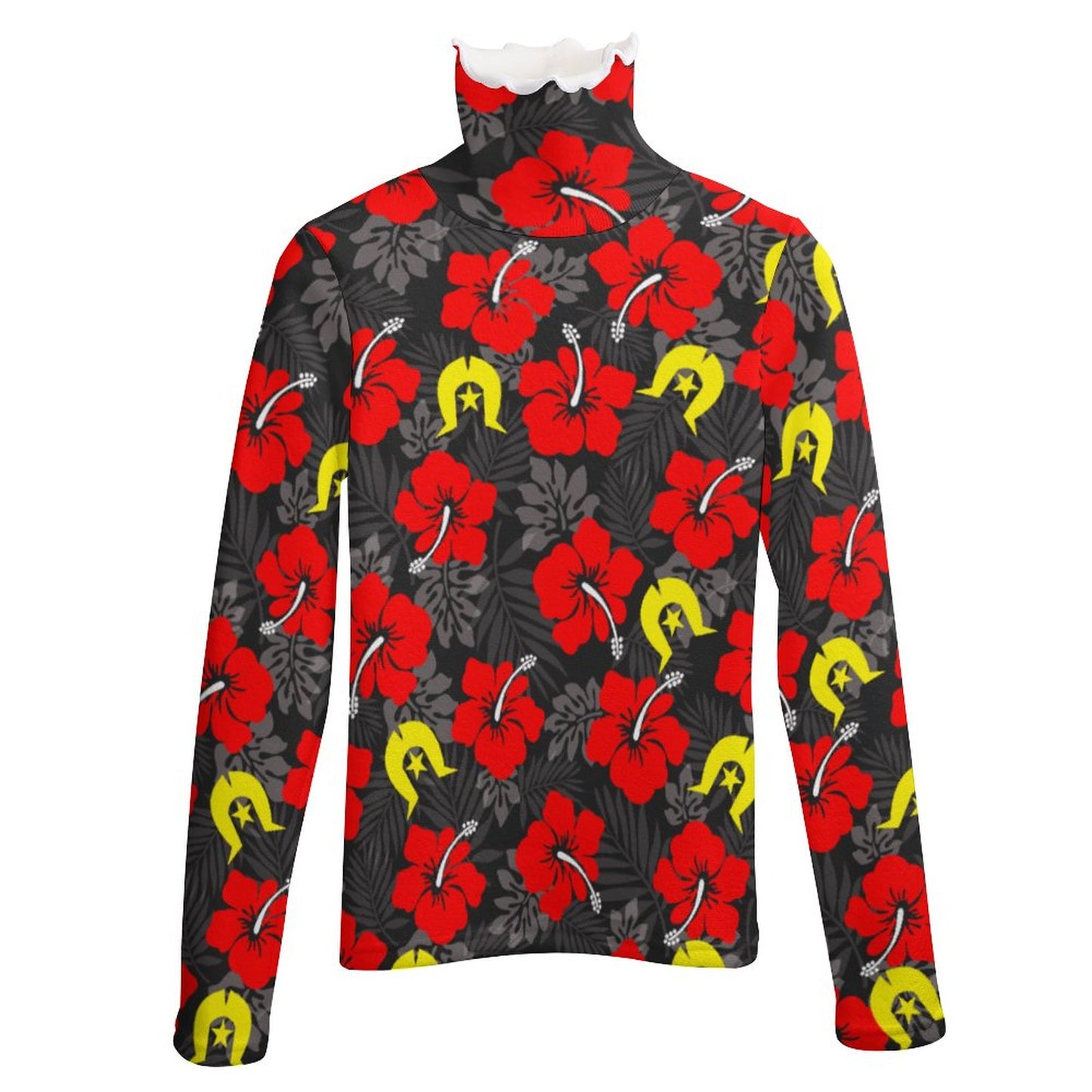 Royal Red Hibiscus with Yellow Dhari on Women Long Sleeve Turtleneck Sweater
