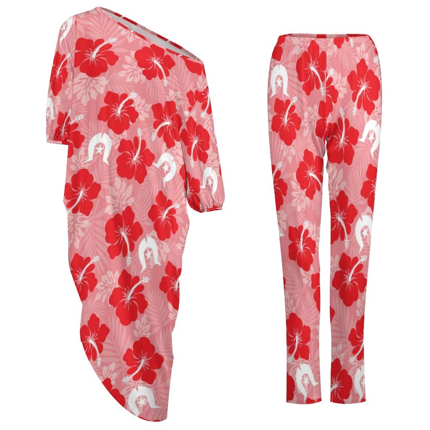 Hibiscus flowers with Dhari (Royal Pink) on Diagonal Shoulder Two Piece Set