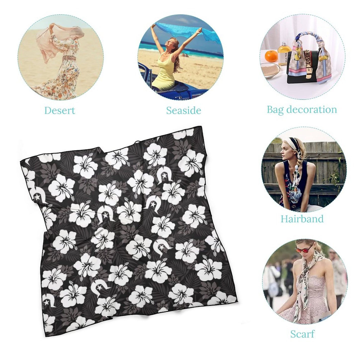 White Hibiscus and Dhari (Black) on Women's Scarf