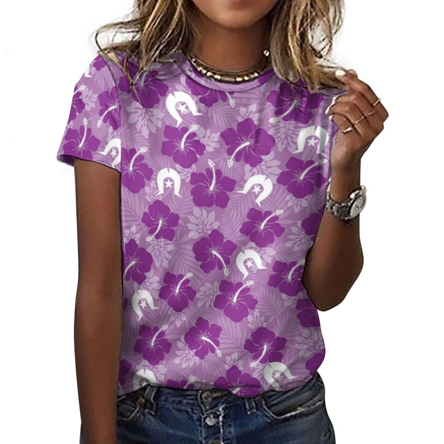 Hibiscus flowers with Dhari (Royal purple) on Cotton Summer Short Sleeve T-Shirts for Women