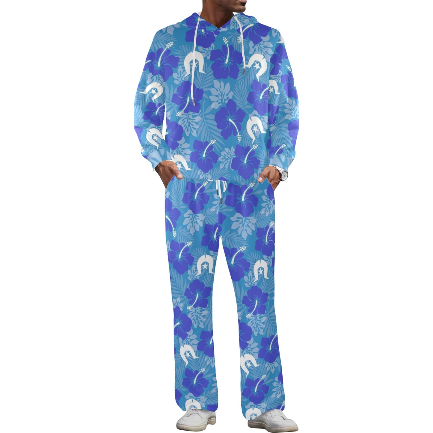 Hibiscus flowers with Dhari (Royal blue) on Men's Streetwear Oversized Flared Tracksuit