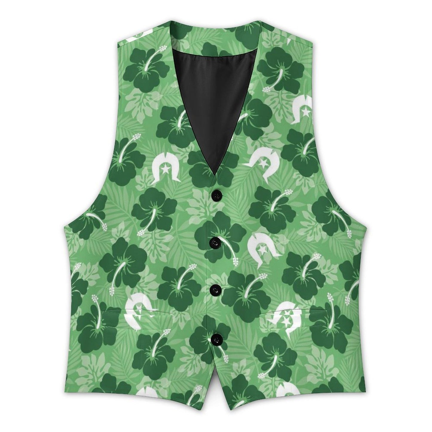 Hibiscus flowers with Dhari (Sea Grass Green) on Men's Sleeveless Suit Vest