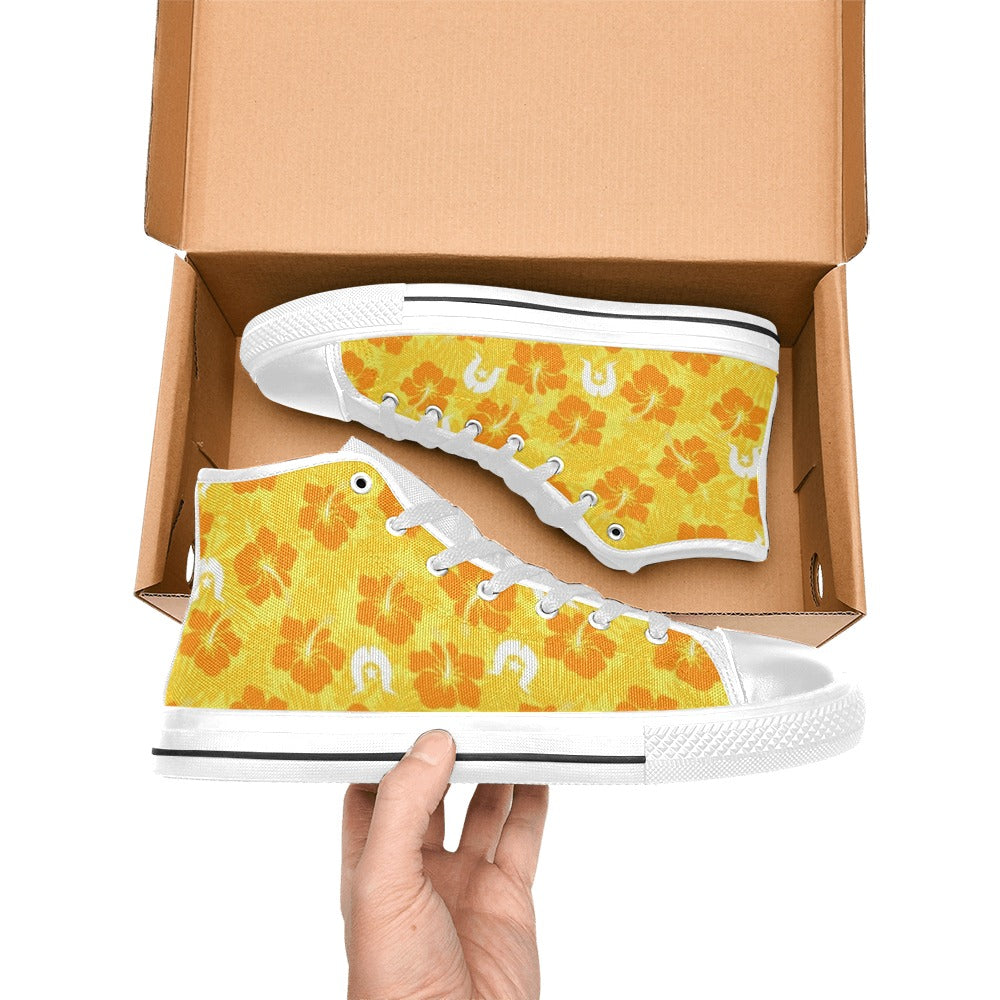 Hibiscus flowers with Dhari (Gold) on Women's High Top Canvas Shoes
