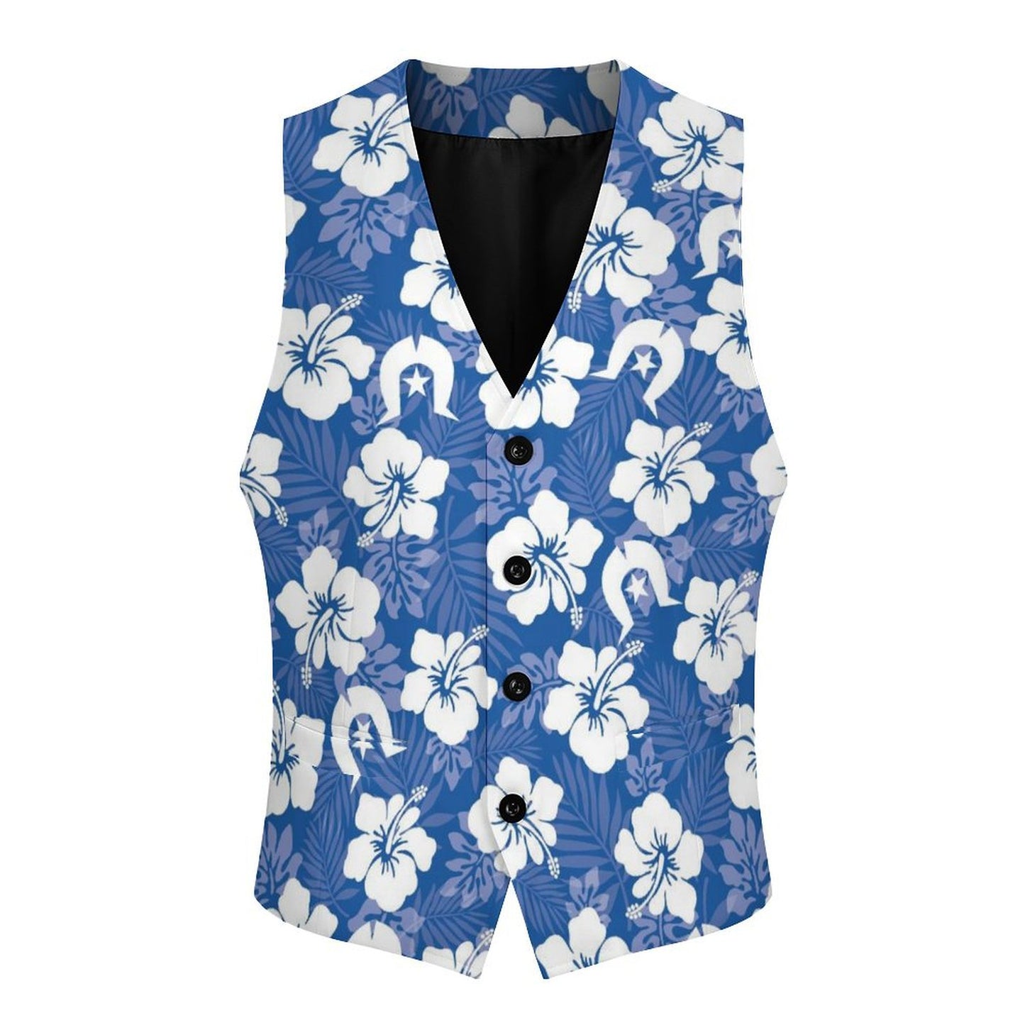 White Hibiscus and Dhari (Blue) on Men's Sleeveless Suit Vest