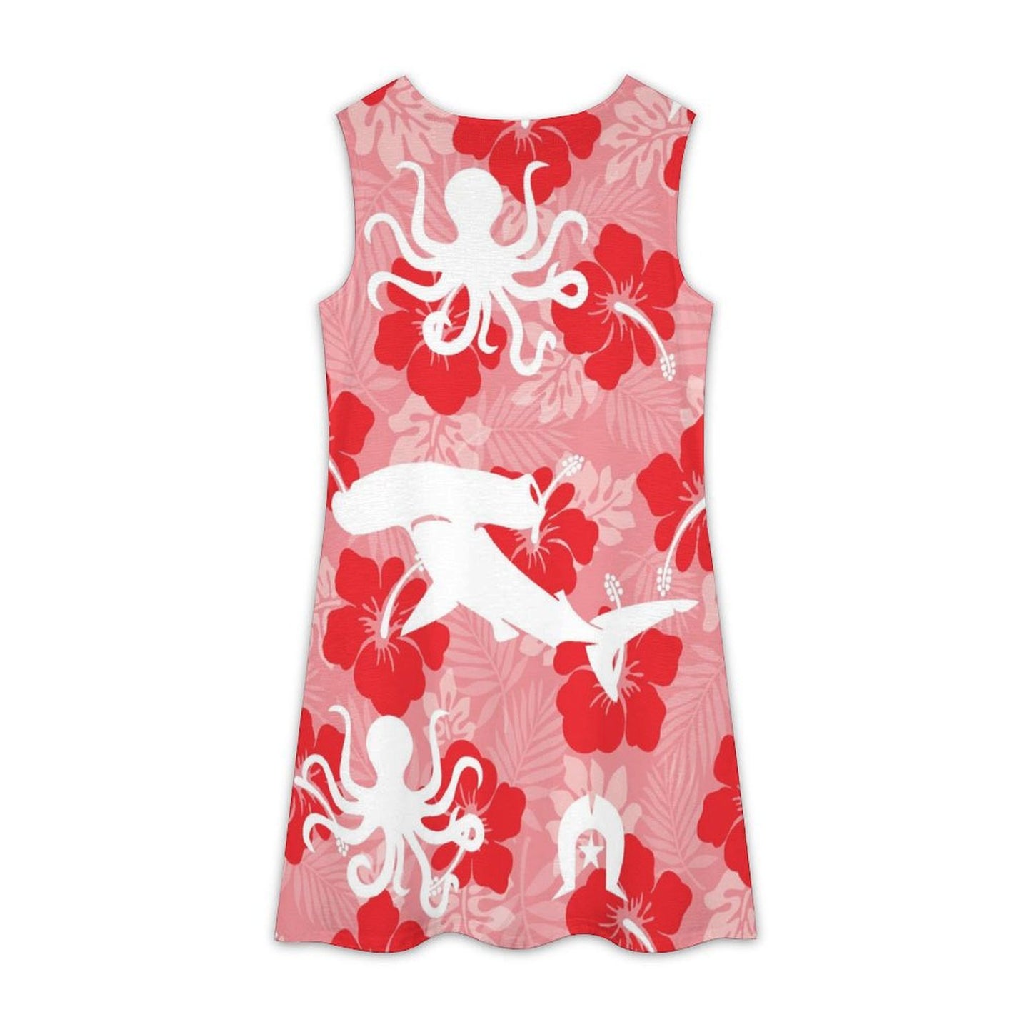 Red Hibiscus with Shark, Octopus and Dhari on Sleeveless Dress