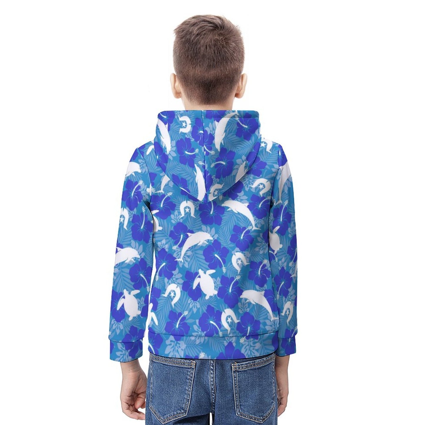 White Hibiscus flowers with Dolphin, Turtle and Dhari (Royal blue) on Youth's Hoodie