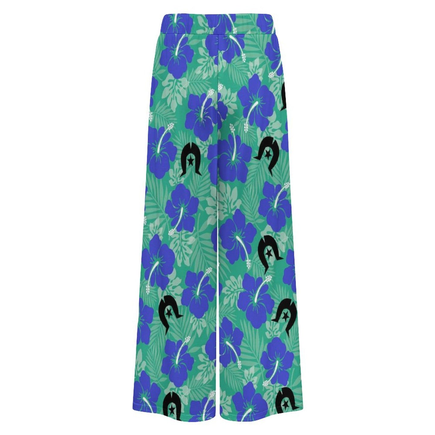 Royal Blue Hibiscus flowers with Black Dhari on Women’s Wide-Leg Pants
