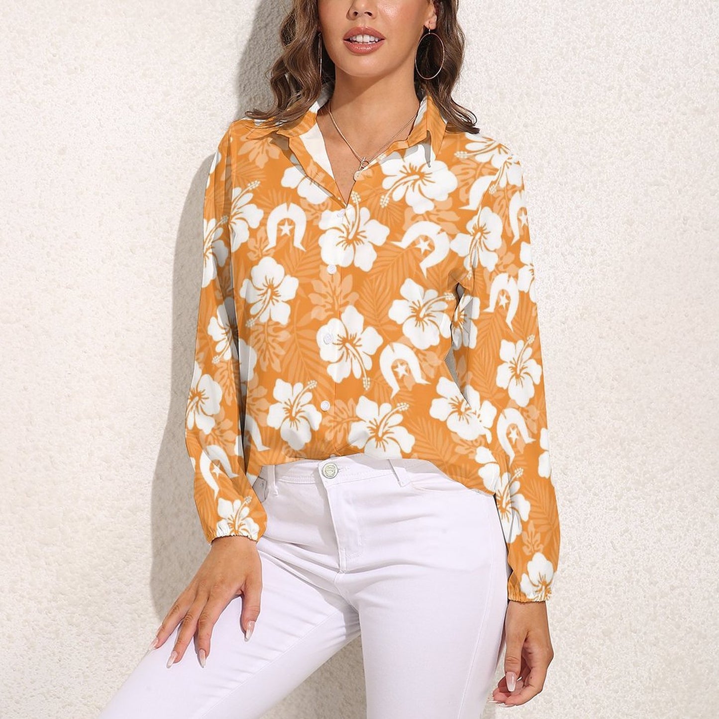 White Hibiscus flowers with Dhari (Orange) on Casual Long Sleeve Vintage Tour Shirt