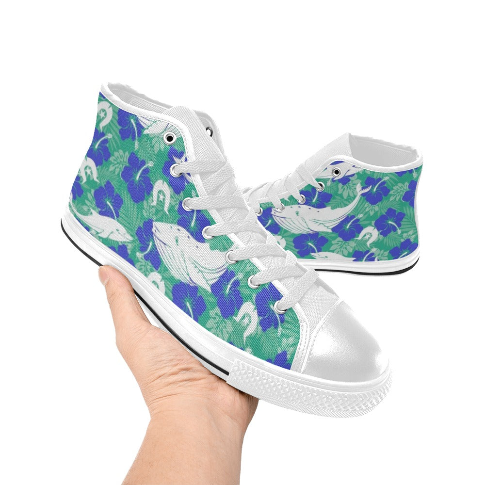 Royal Blue Hibiscus flowers with Whale, Dolphin and Dhari on Women's High Top Canvas Shoes