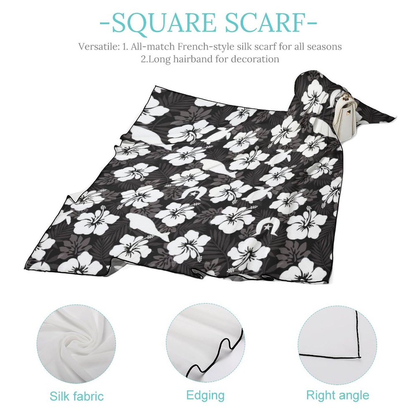 White Hibiscus flowers with Dugong, Turtle and Dhari (Black) on Women's Scarf