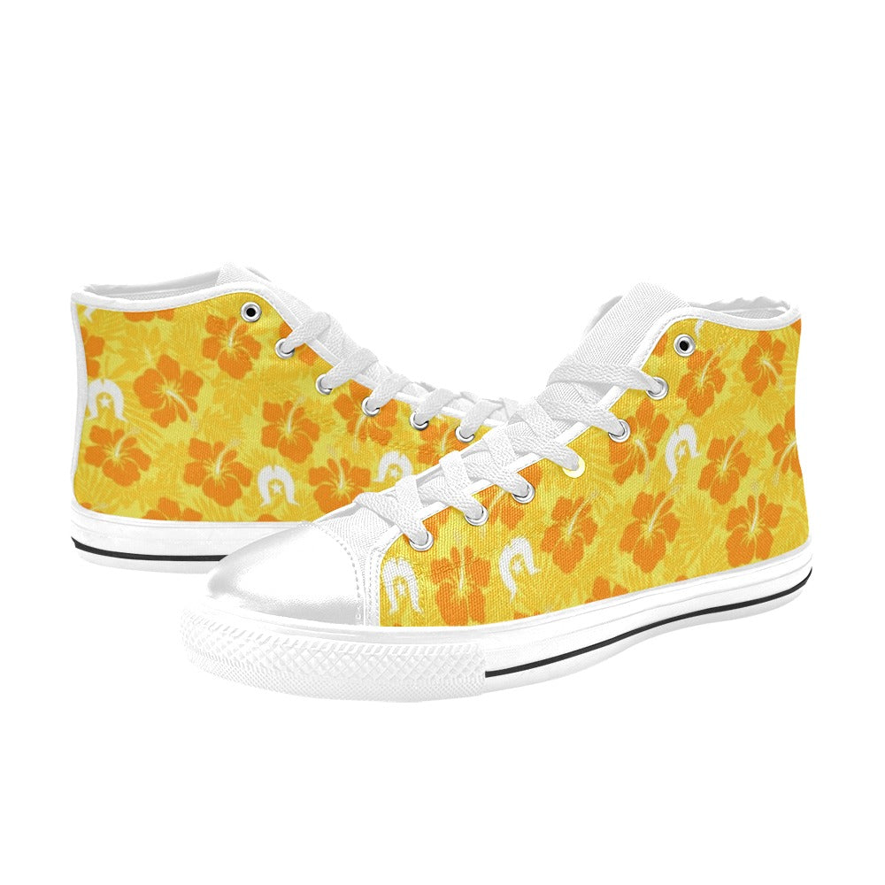Hibiscus flowers with Dhari (Gold) on Women's High Top Canvas Shoes
