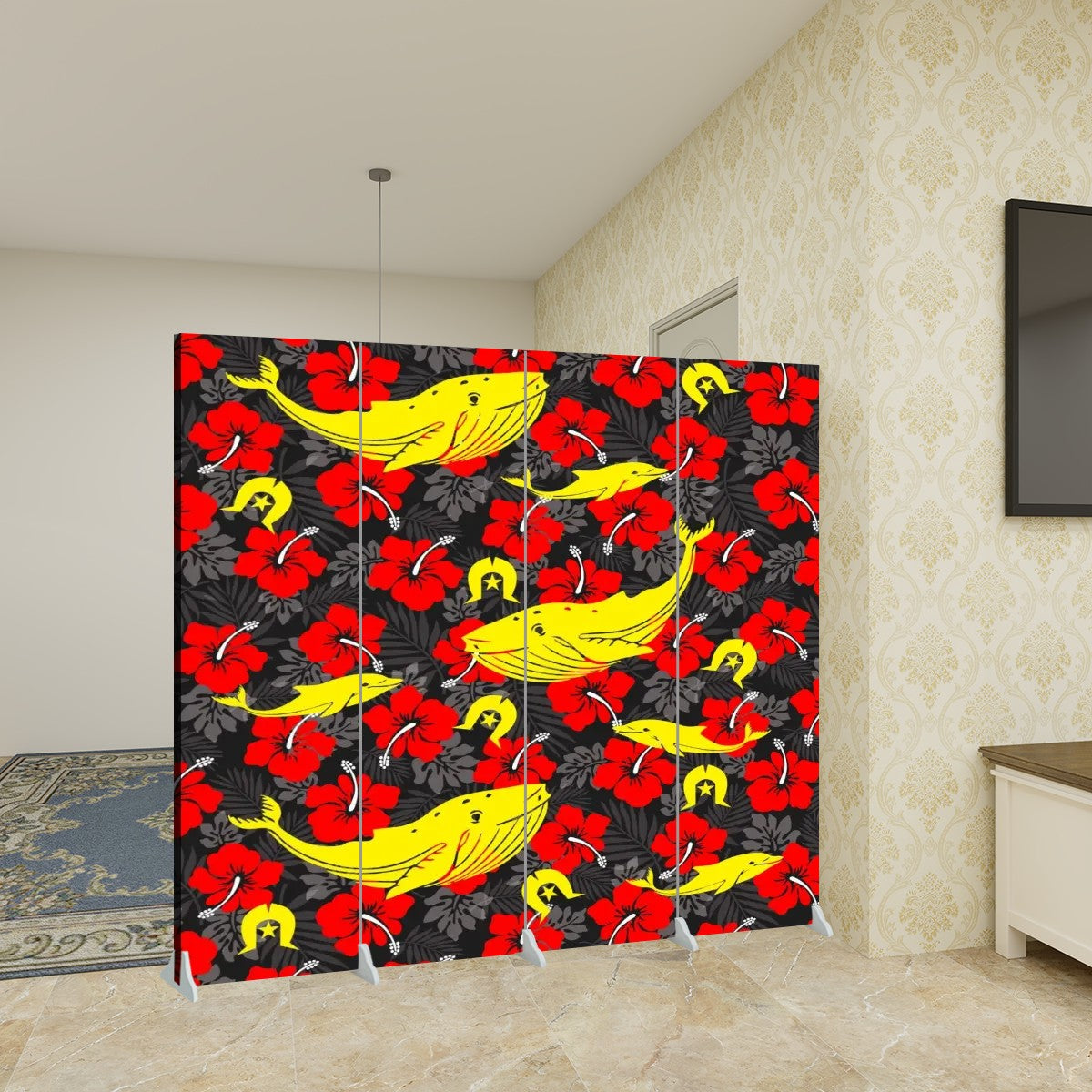 Royal Red Hibiscus with Yellow Dhari, Whale and Dolphin on Room Divider Folding Screen 4 Panel