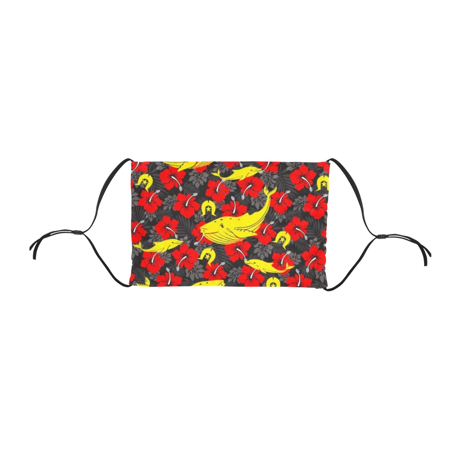 Royal Red Hibiscus with Yellow Dhari, Whale and Dolphin on Cotton Facemask with Adjustable Strip (ModelM07)(Made In AUS)