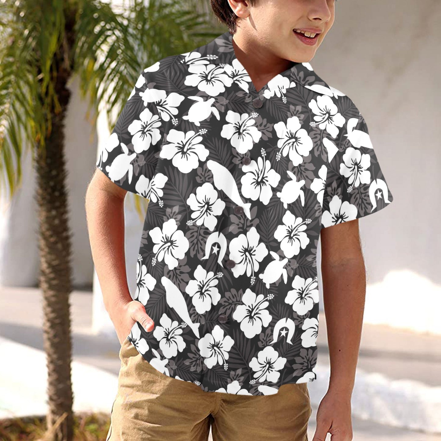 White Hibiscus with Dugong, Turtle and Dhari (Black) on Little Boys' Hawaiian Shirt
