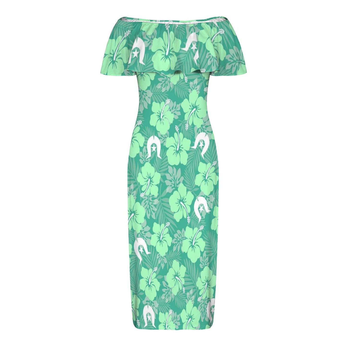 Hibiscus flowers with Dhari (Royal mint) on Women's Off Shoulder Ruffle Boat Neck Dress