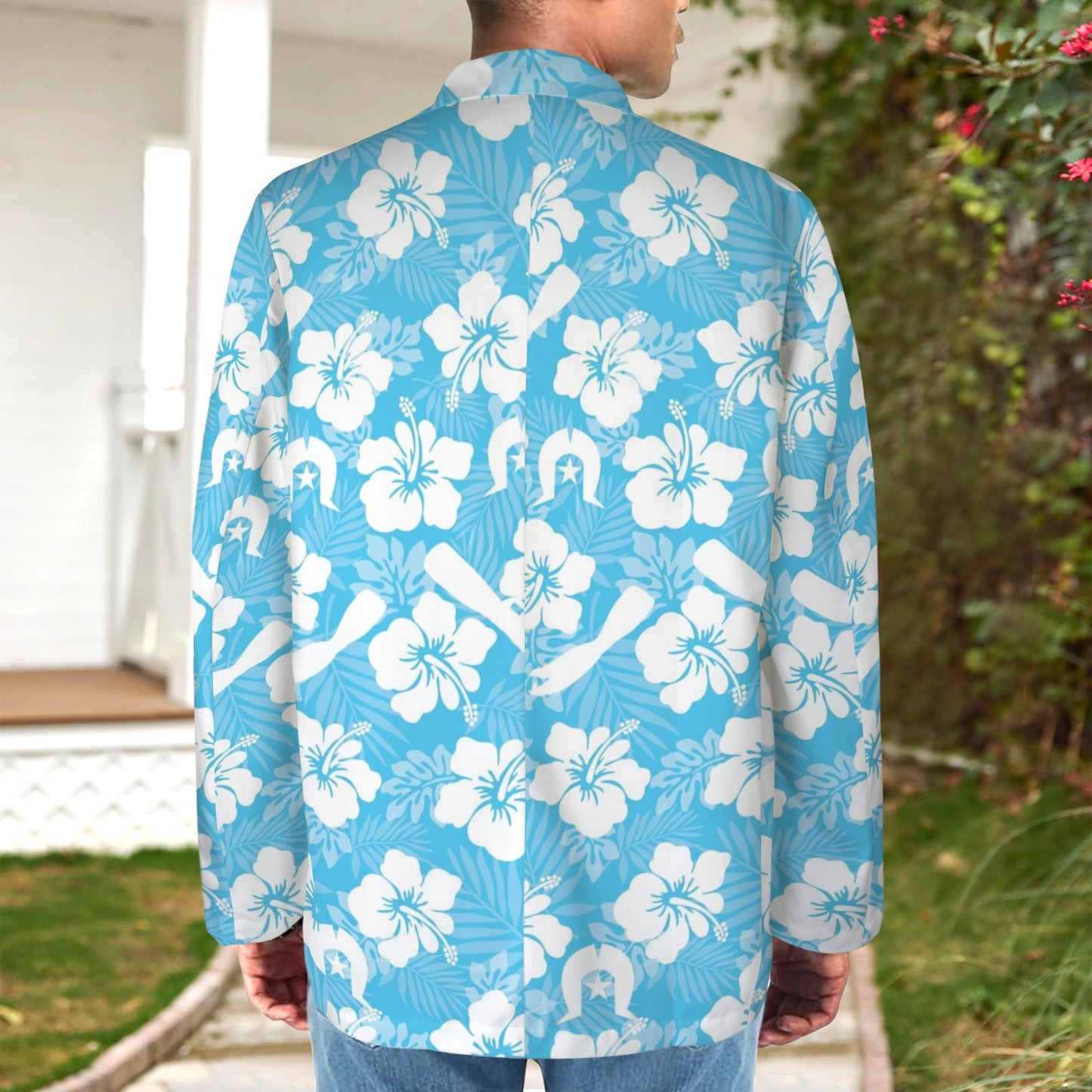 White Hibiscus flowers, Warup and Dhari (Blue) on Men's Blazer