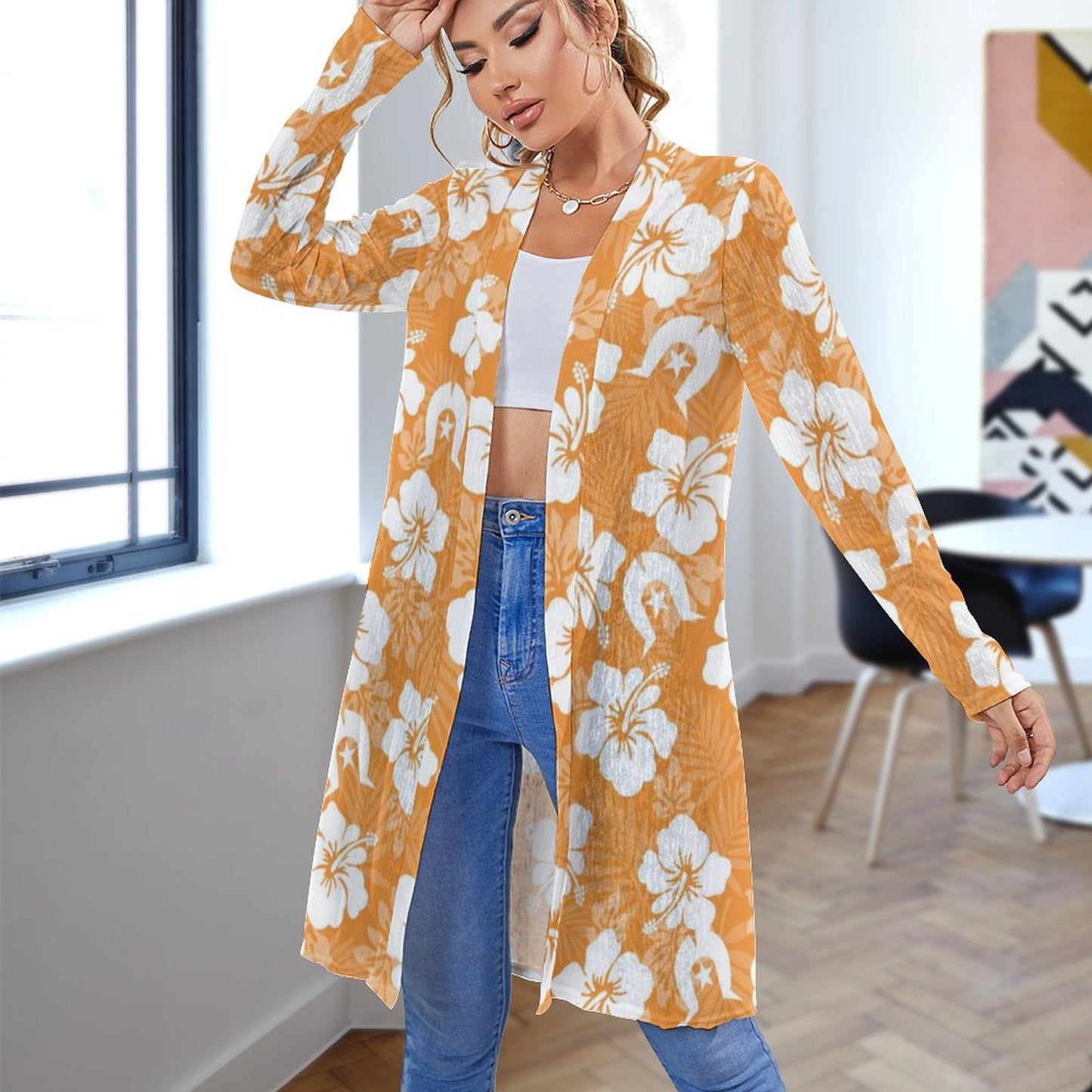 White Hibiscus flowers with Dhari (Orange) on Women's Mid-length Cardigan