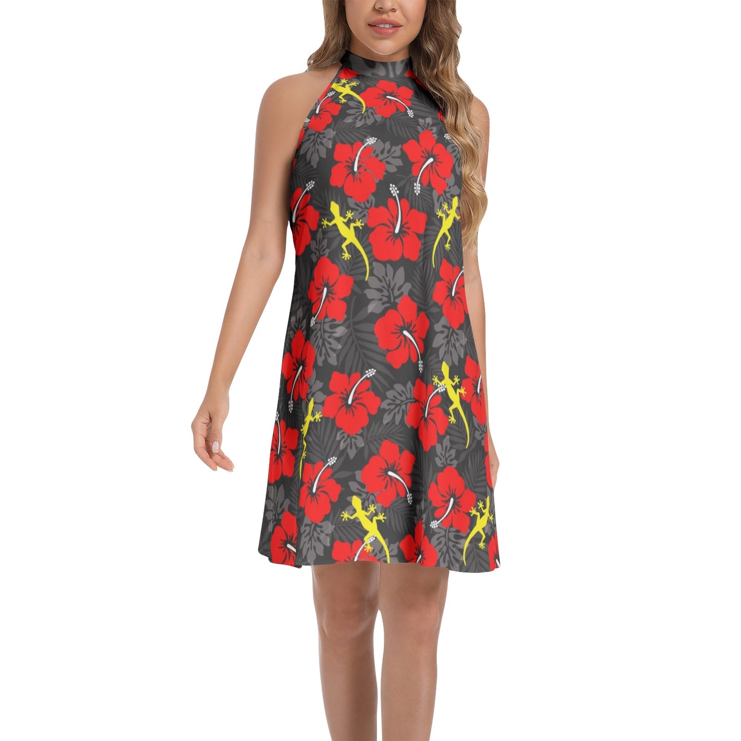Royal Red Hibiscus flowers with Gecko on Tie Back Halter Neck Flared Dress
