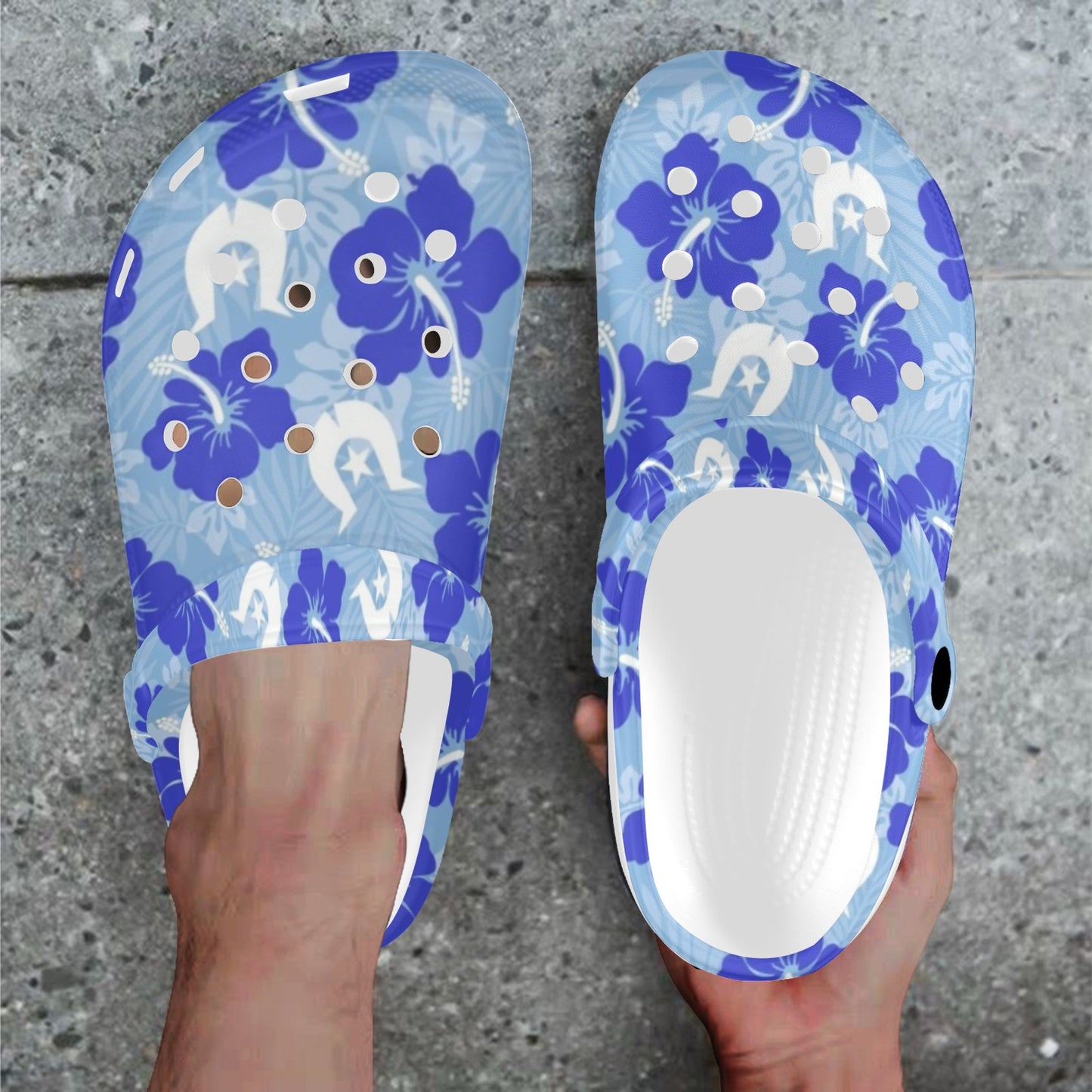 Hibiscus flowers with White Dhari (Sky blue) on Adults Clogs