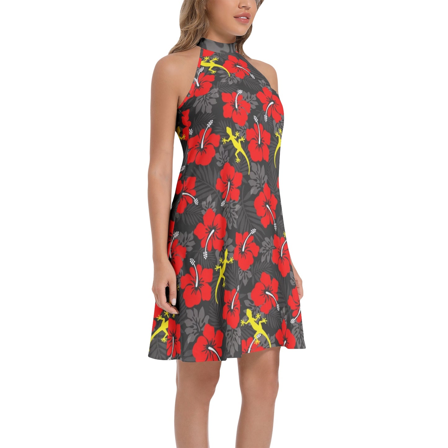 Royal Red Hibiscus flowers with Gecko on Tie Back Halter Neck Flared Dress