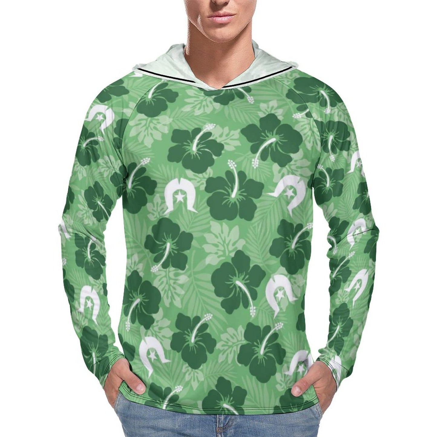 Hibiscus flowers with Dhari (Sea Grass Green) on Men's UPF 40+ Sun Protection Fishing Shirt