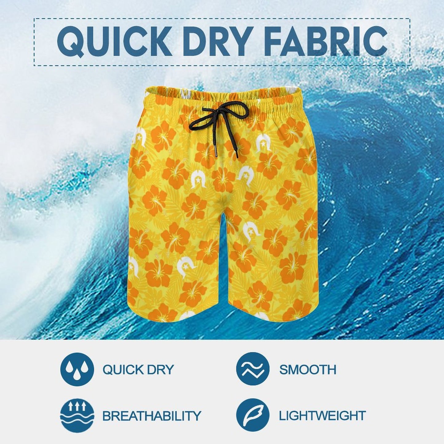 Hibiscus flowers with Dhari (Gold) on Men's Board Shorts