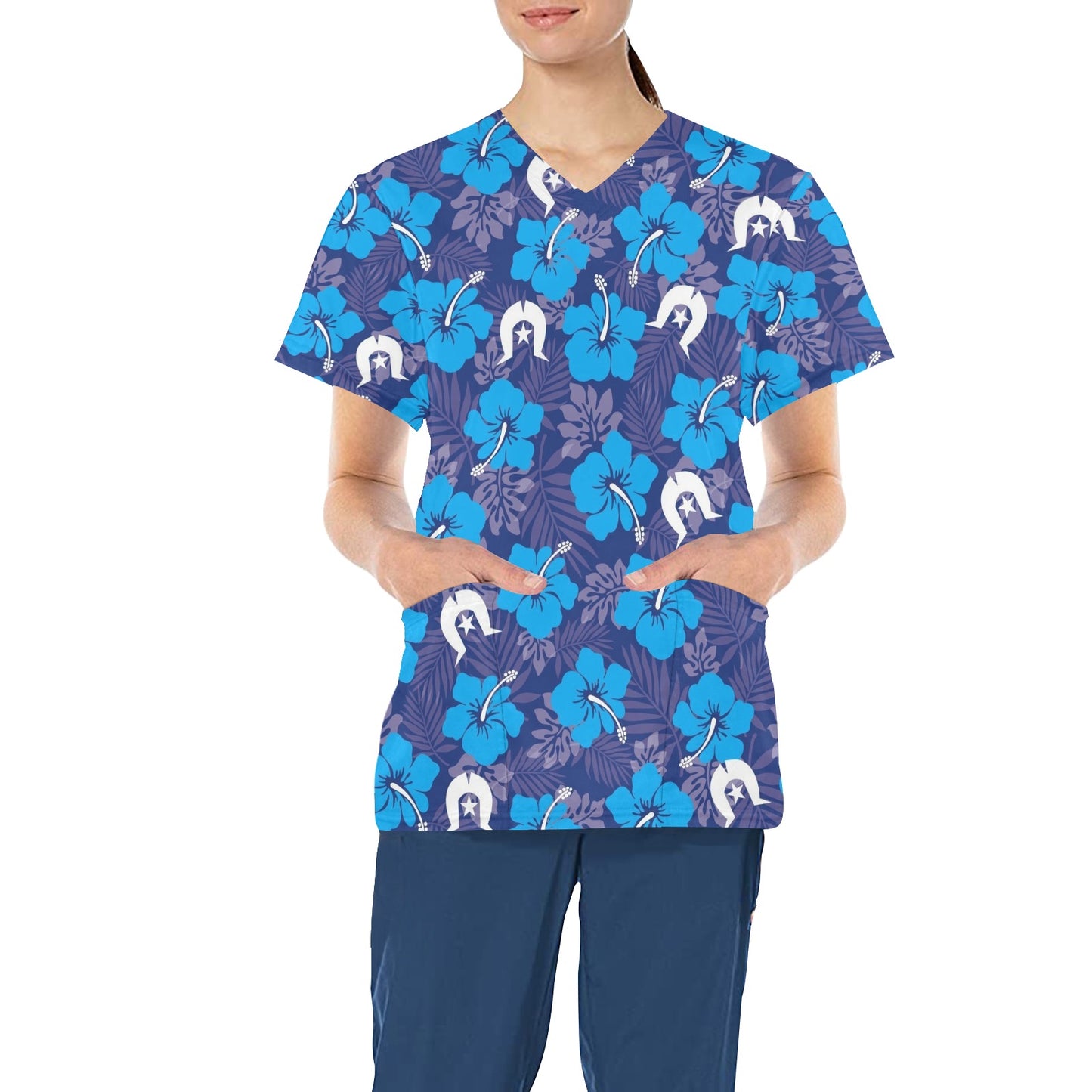Hibiscus flowers with Dhari (Royal blue) on Unisex Scrub Top