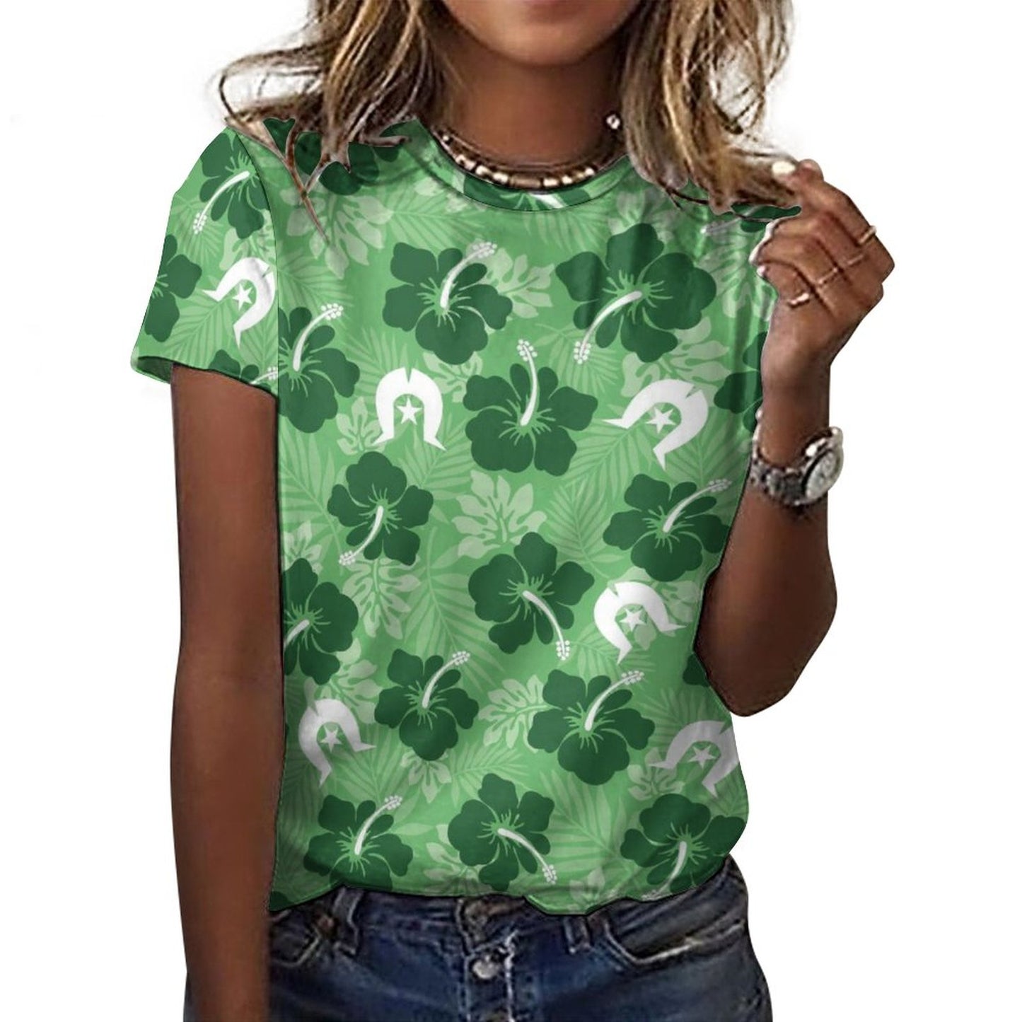 Hibiscus flowers with White Dhari (Sea Grass Green) on Cotton Summer Short Sleeve T-Shirts for Women