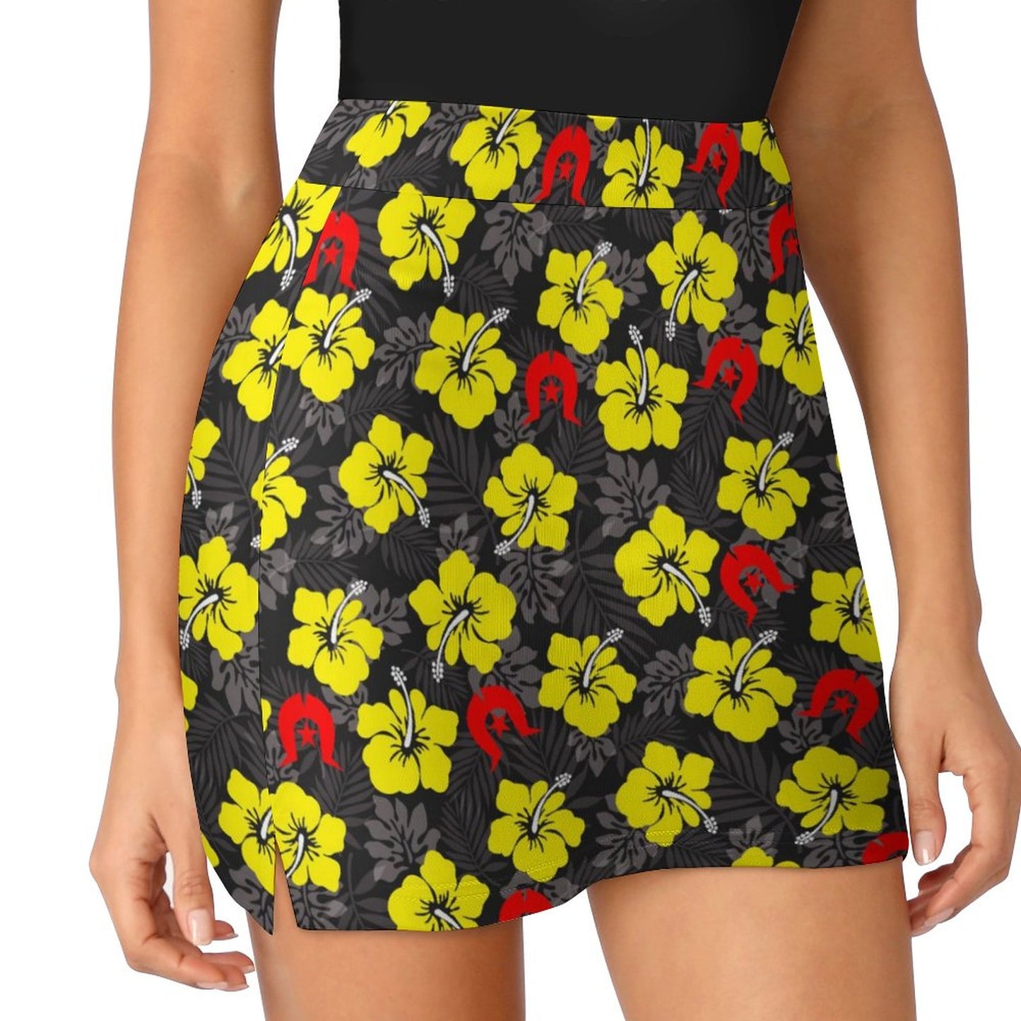 Royal yellow Hibiscus with Red Dhari on Anti-peep Skort with Pocket AMQ