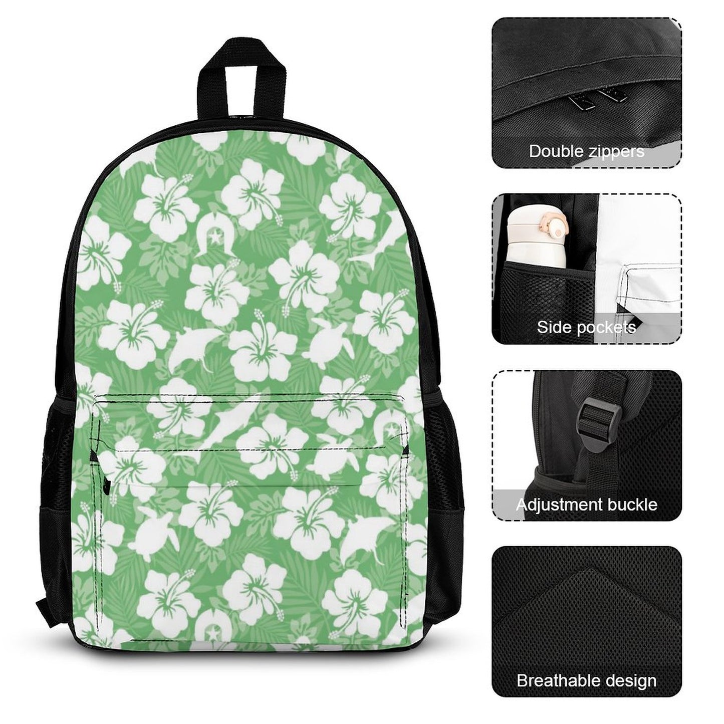 White hibiscus flowers with Dhari, Shark, turtle, and stingray (Green) on Set of 3 Bags (Shoulder Bag Lunch Bag & Pencil Pouch)