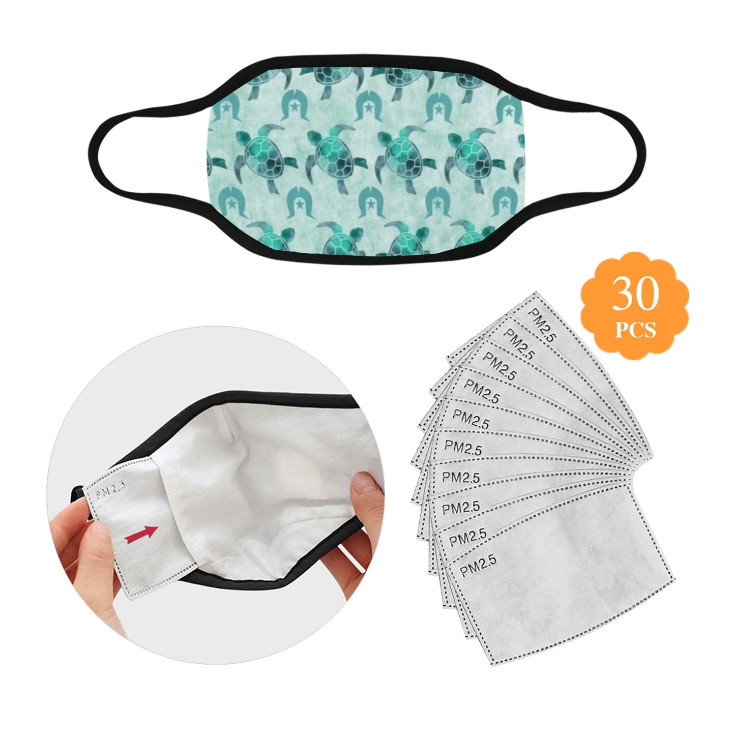 Aqua Turtle Pattern on Fabric facemask (30 PCS Filters Included)