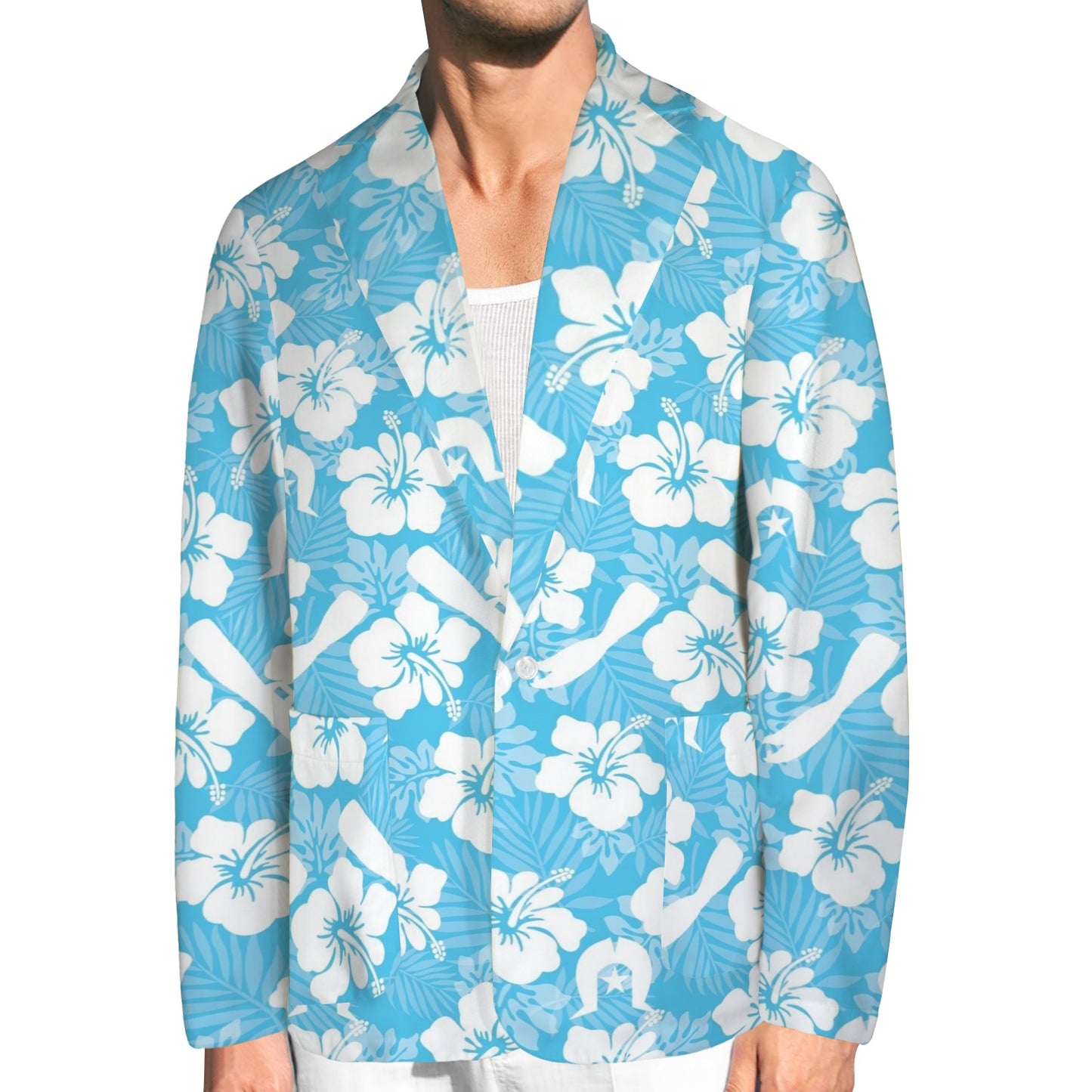 White Hibiscus flowers, Warup and Dhari (Blue) on Men's Blazer