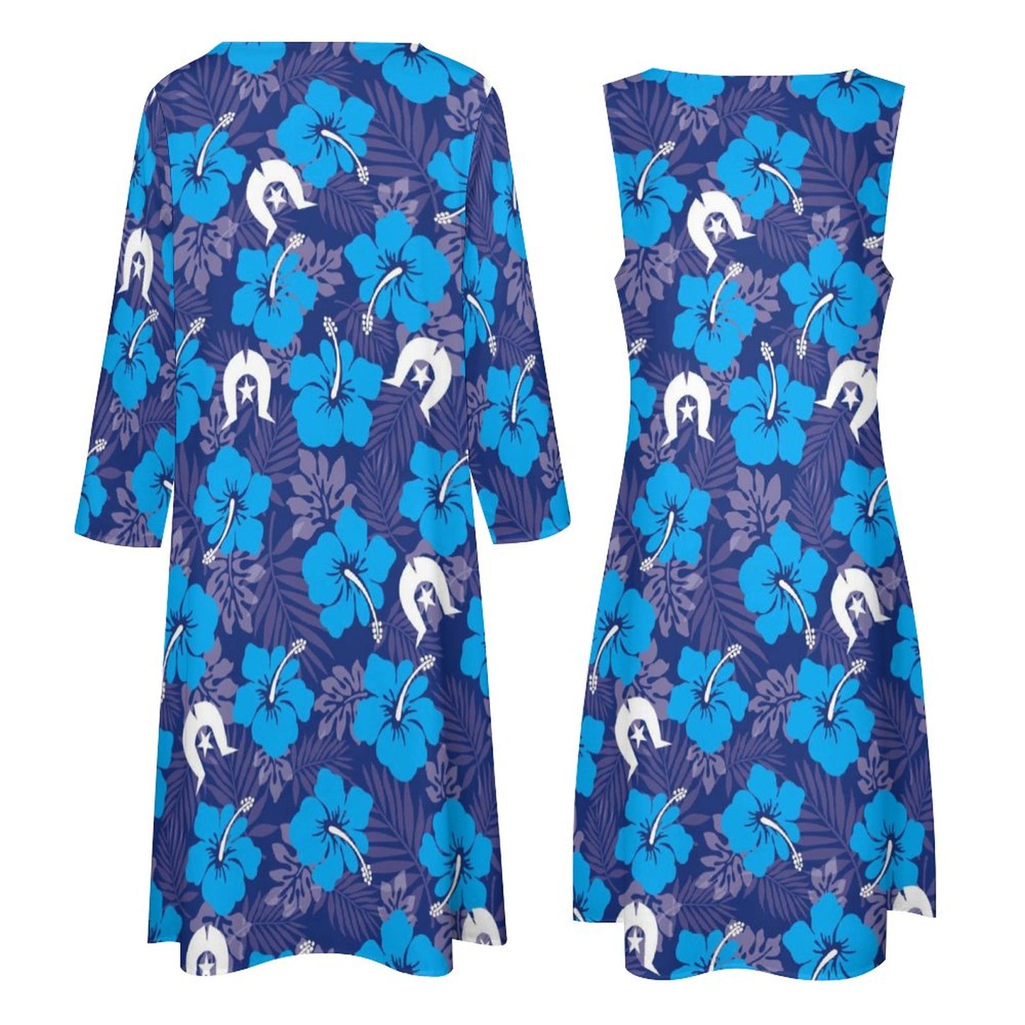 Hibiscus flowers with White Dhari (Royal blue) on Long Dress Set