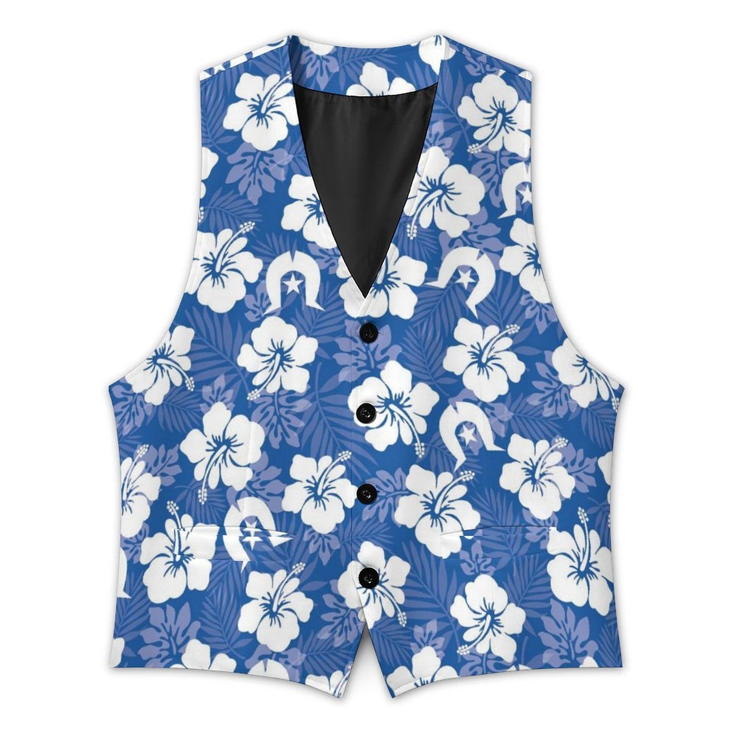 White Hibiscus and Dhari (Blue) on Men's Sleeveless Suit Vest