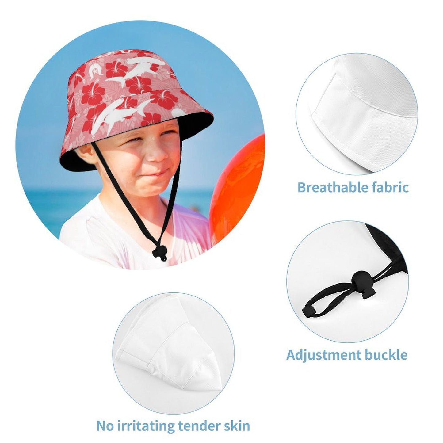 Red Hibiscus with Shark, Octopus and Dhari on Kid's Bucket Hat