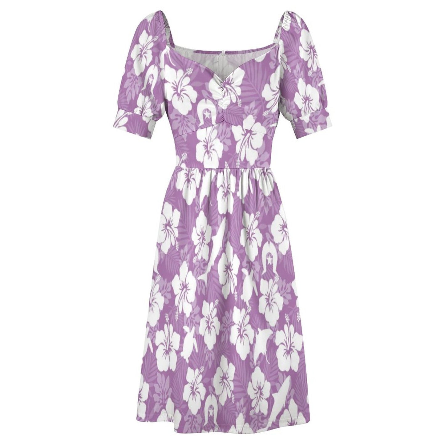 White hibiscus flowers with Dhari, Shark and Turtle (Purple) on Short Sleeve V Neck Lovely Dress