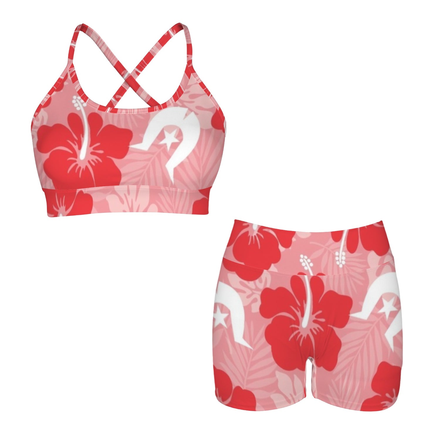 Hibiscus flowers with Dhari (Royal Pink) on Cross Back String Sports Bra & High Waist Shorts Active Sets