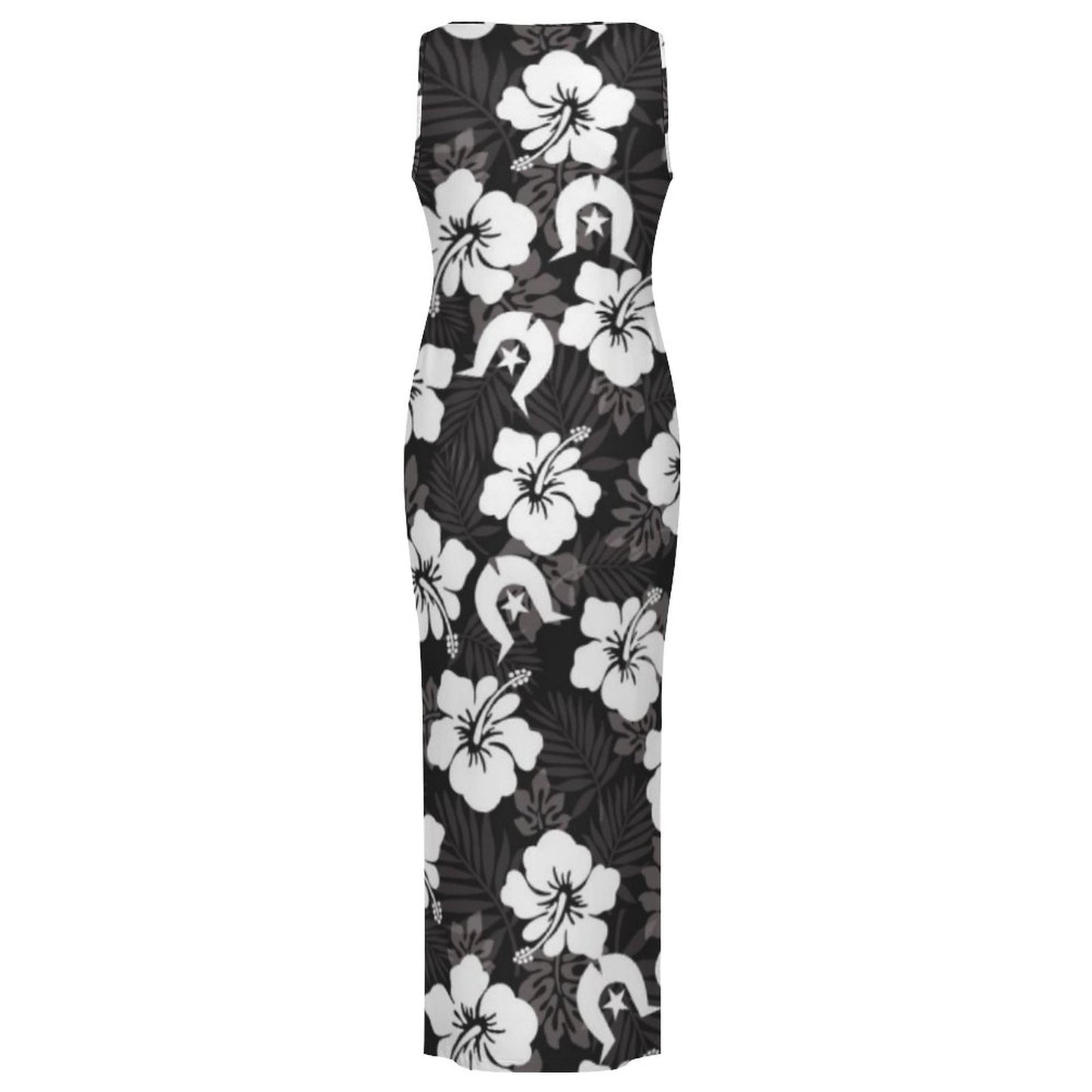 White Hibiscus and Dhari (Black) on 180gsm Slit Fitted Camisole Cheongsam
