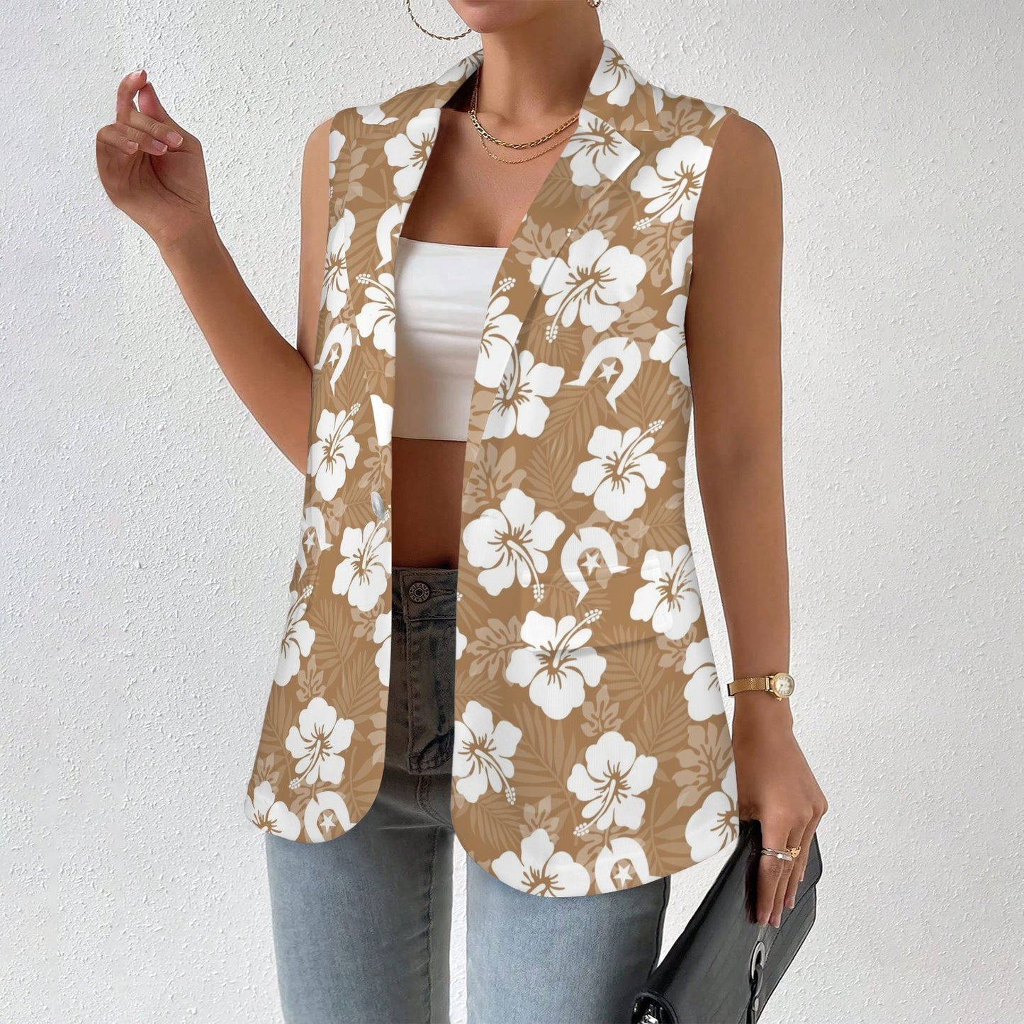 White Hibiscus flowers with Dhari (Brown) on Women Sleeveless Suit Vest