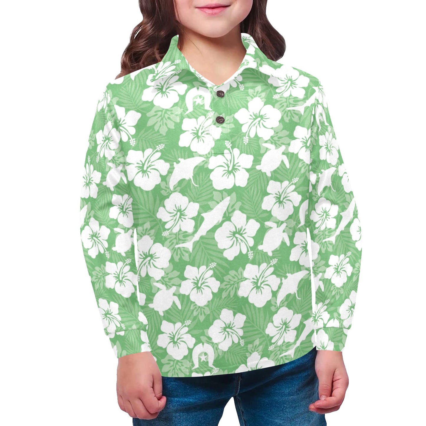 White hibiscus flowers with Dhari, Shark, turtle, and stingray (Green) on Little Girls' Long Sleeve Polo Shirt