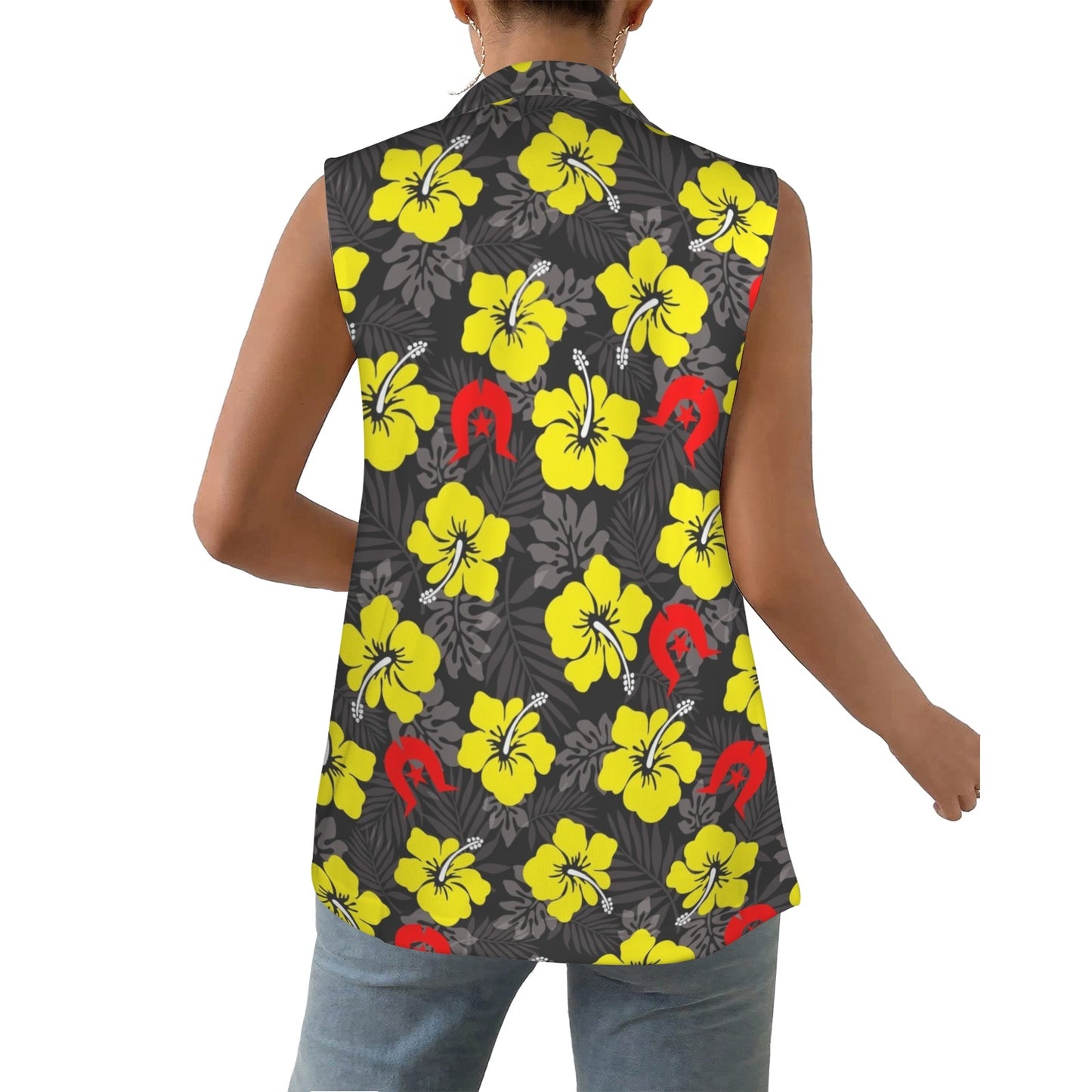Royal yellow Hibiscus with Red Dhari on Women Sleeveless Suit Vest
