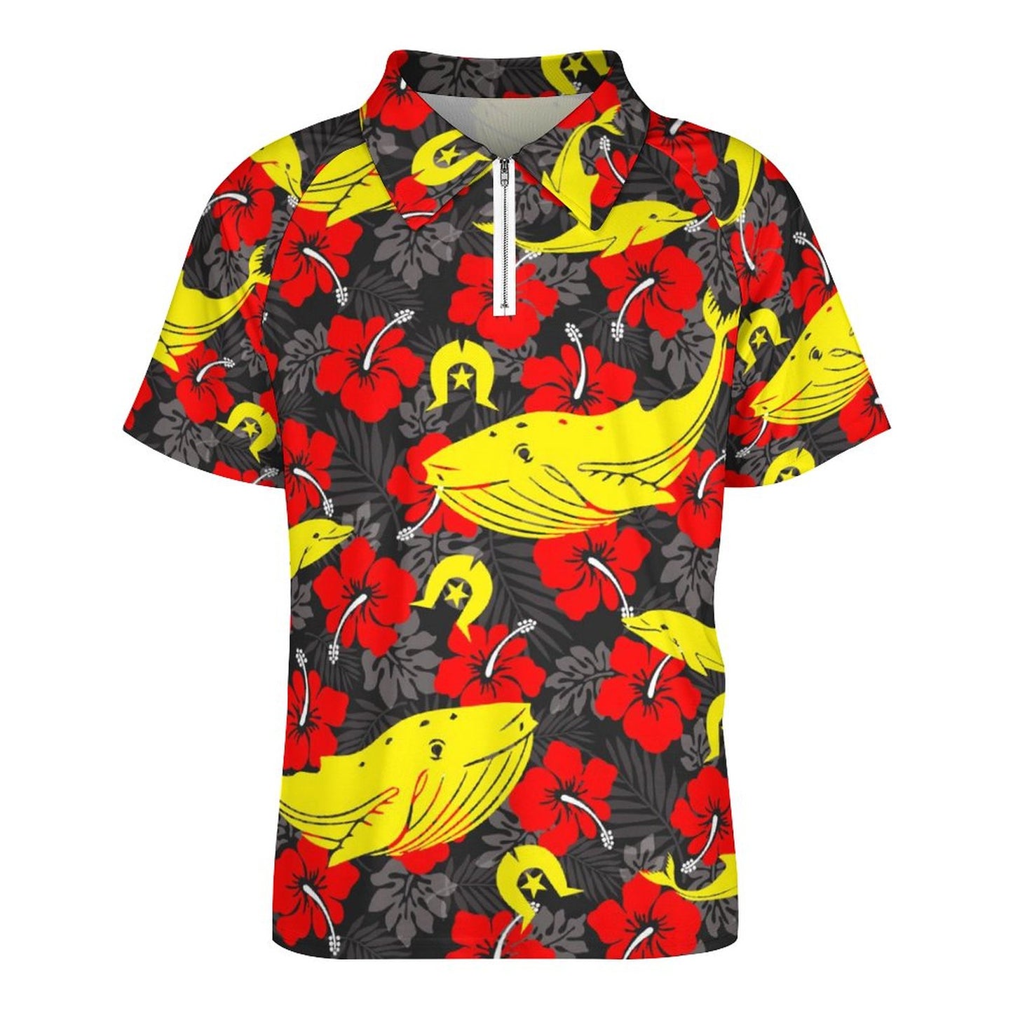 Royal Red Hibiscus with Yellow Dhari, Whale and Dolphin on Short Sleeved Sportswear Men's T Shirt