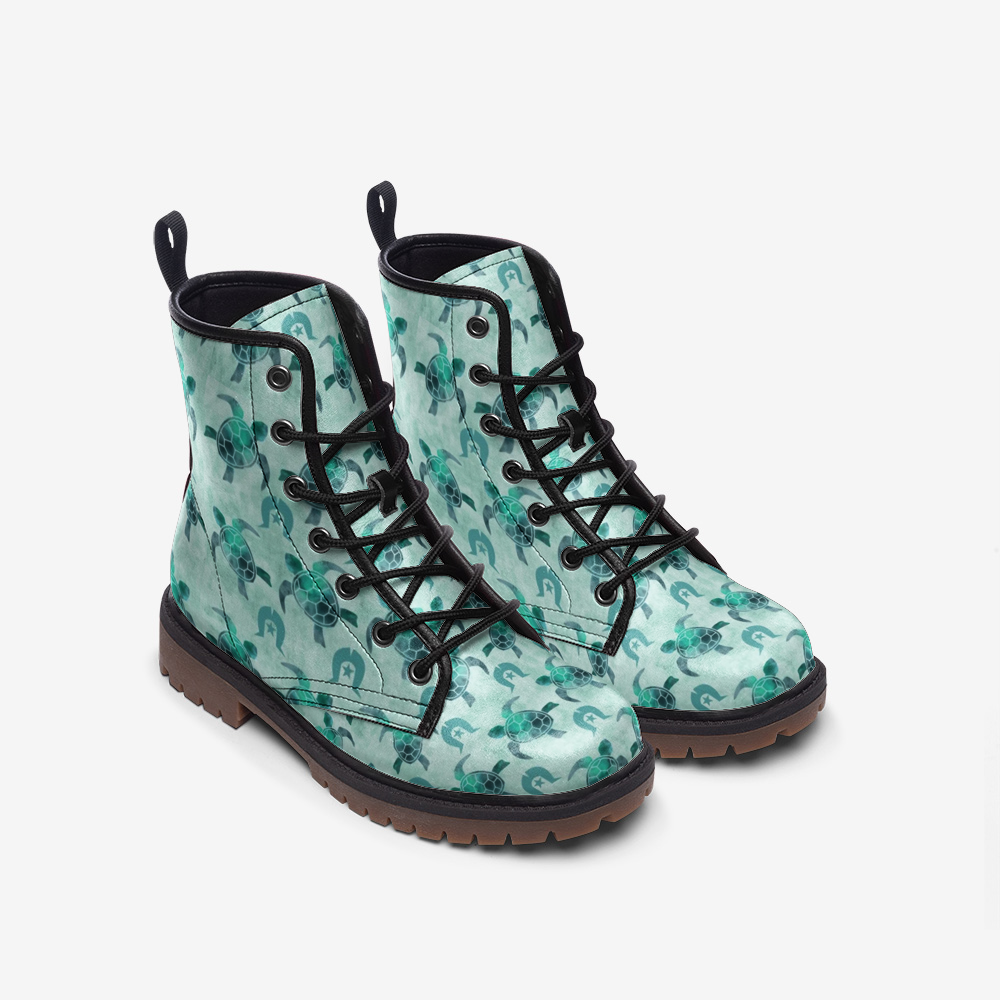 Aqua Turtle Pattern on Casual Leather Lightweight Boots