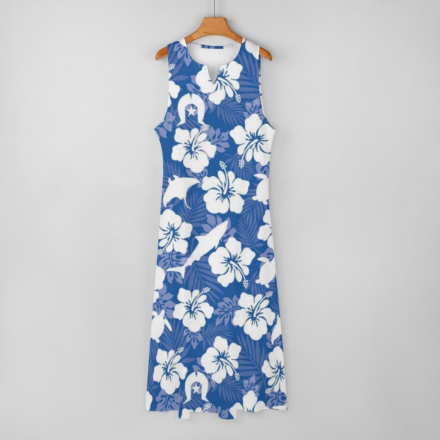 White hibiscus flowers with Dhari, Shark, turtle, and stingray on Sleeveless Ankle-length Dress