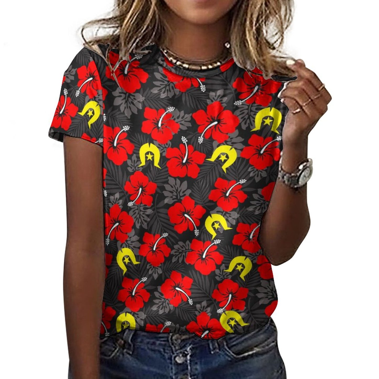 Royal Red Hibiscus with Yellow Dhari on Cotton Summer Short Sleeve T-Shirts for Women