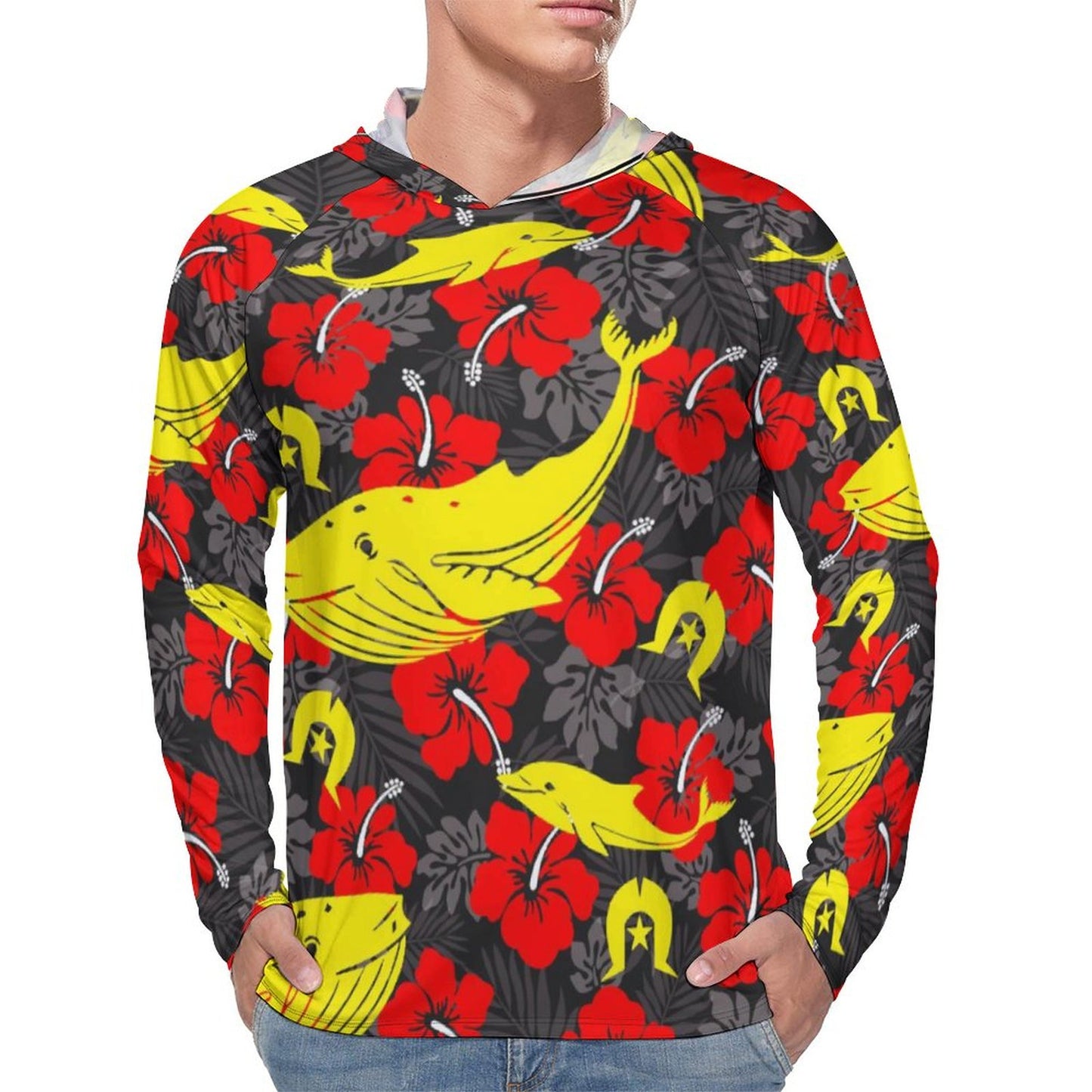 Royal Red Hibiscus with Yellow Dhari, Whale and Dolphin on Men's UPF 40+ Sun Protection Fishing Shirt