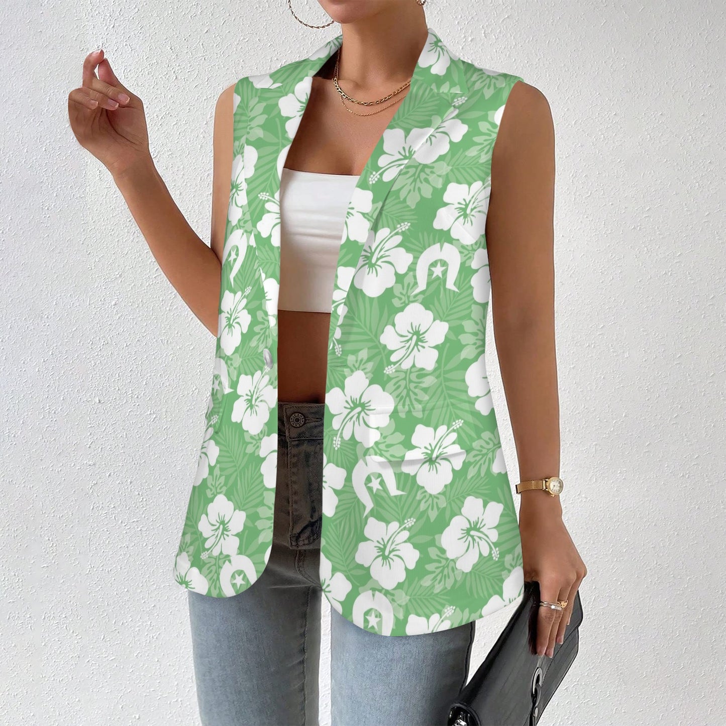 White Hibiscus flowers with Dhari (Green) on Women Sleeveless Suit Vest