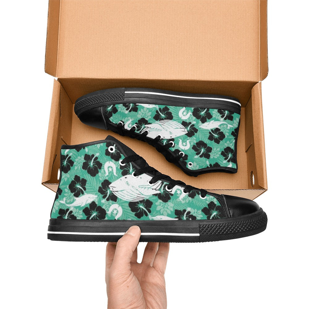 Black Hibiscus with Whale, Dolphin and Dhari on Women's High Top Canvas Shoes